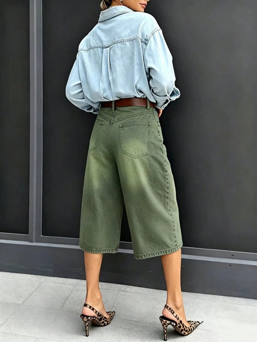 Green Casual Women's Denim Bermuda Shorts with Pockets - Picture 2 of 6